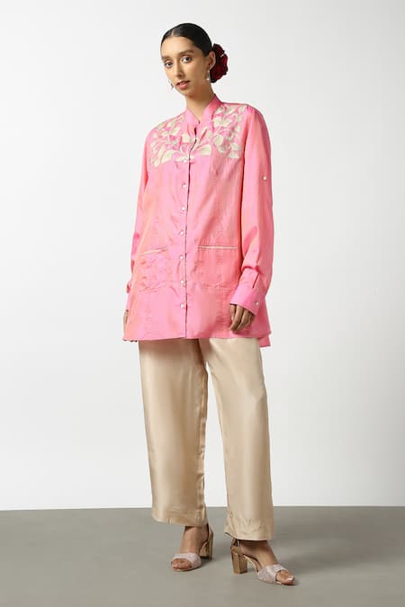 Latha Puttanna Pink Silk Embroidery Mandarin Collar Resham Yoke Shirt