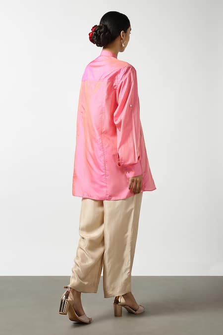 Shop Latha Puttanna Pink Silk Embroidery Mandarin Collar Resham Yoke Shirt at Aza Fashions Shop_Latha Puttanna_Pink Silk Embroidery Mandarin Collar Resham Yoke Shirt _at_Aza_Fashions