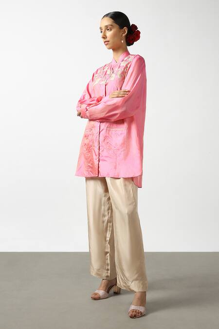 Latha Puttanna Pink Silk Embroidery Mandarin Collar Resham Yoke Shirt Online at Aza Fashions Latha Puttanna_Pink Silk Embroidery Mandarin Collar Resham Yoke Shirt _Online_at_Aza_Fashions