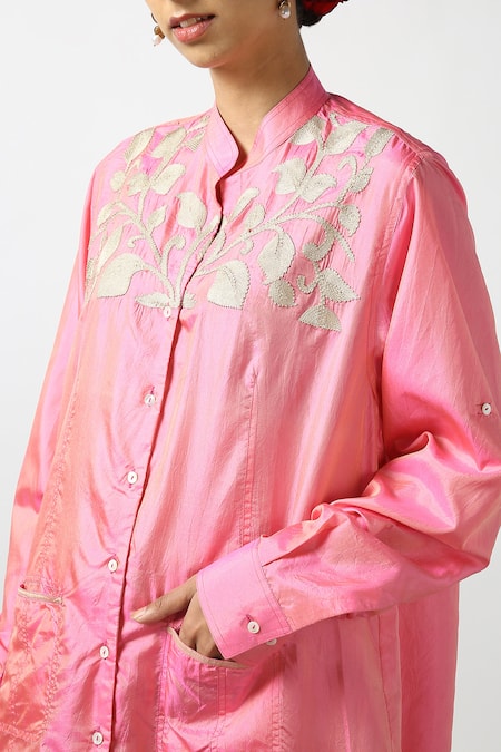 Buy Latha Puttanna Pink Silk Embroidery Mandarin Collar Resham Yoke Shirt Online at Aza Fashions Buy_Latha Puttanna_Pink Silk Embroidery Mandarin Collar Resham Yoke Shirt _Online_at_Aza_Fashions