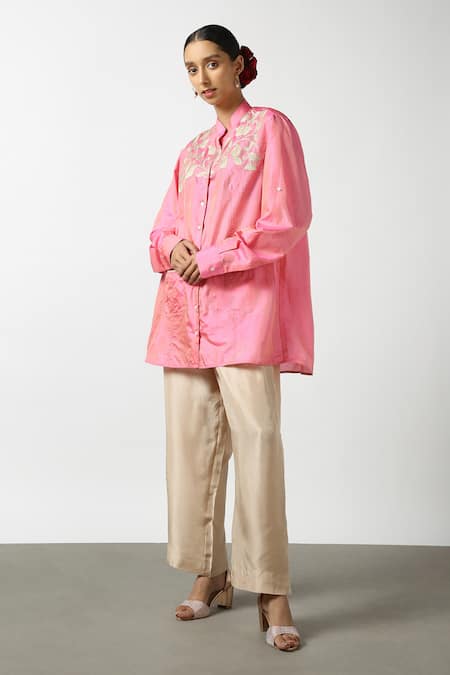 Shop Latha Puttanna Pink Silk Embroidery Mandarin Collar Resham Yoke Shirt Online at Aza Fashions Shop_Latha Puttanna_Pink Silk Embroidery Mandarin Collar Resham Yoke Shirt _Online_at_Aza_Fashions