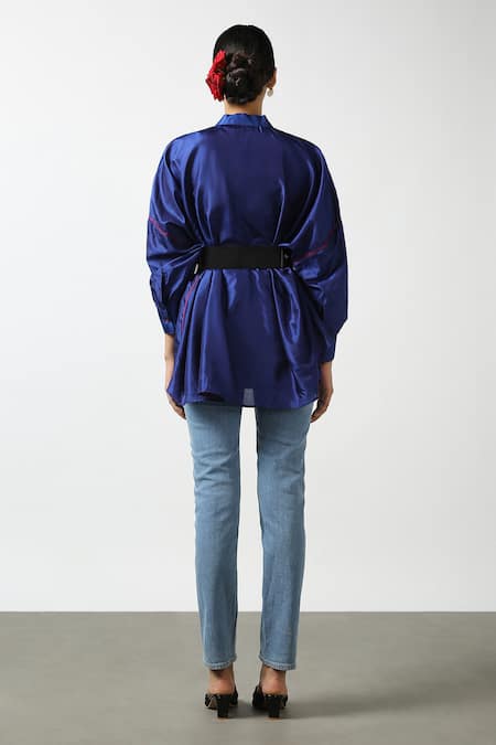 Shop Latha Puttanna Blue Silk Embroidery Mandarin Collar Dual Toned Phiran Top at Aza Fashions Shop_Latha Puttanna_Blue Silk Embroidery Mandarin Collar Dual Toned Phiran Top _at_Aza_Fashions