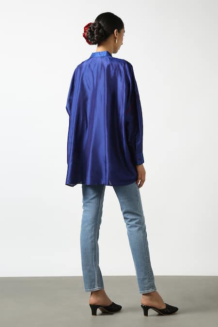 Latha Puttanna Blue Silk Embroidery Mandarin Collar Dual Toned Phiran Top Online at Aza Fashions Latha Puttanna_Blue Silk Embroidery Mandarin Collar Dual Toned Phiran Top _Online_at_Aza_Fashions