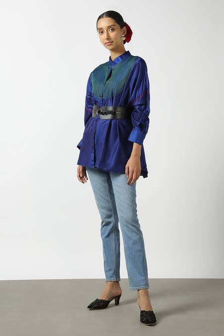 Shop Latha Puttanna Blue Silk Embroidery Mandarin Collar Dual Toned Phiran Top Online at Aza Fashions Shop_Latha Puttanna_Blue Silk Embroidery Mandarin Collar Dual Toned Phiran Top _Online_at_Aza_Fashions