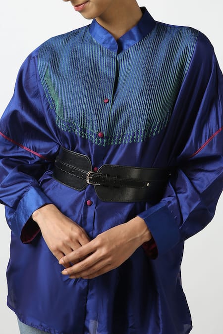 Latha Puttanna Blue Silk Embroidery Mandarin Collar Dual Toned Phiran Top at Aza Fashions Latha Puttanna_Blue Silk Embroidery Mandarin Collar Dual Toned Phiran Top _at_Aza_Fashions