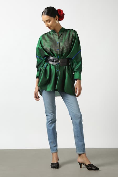 Latha Puttanna Green Silk Embroidery Mandarin Collar Yoke Phiran Top