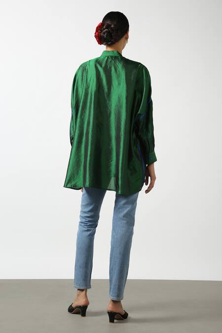 LATHA PUTTANNA_Green Silk Embroidery Mandarin Collar Yoke Phiran Top _Online_at_Aza_Fashions