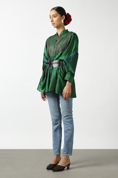 Shop_LATHA PUTTANNA_Green Silk Embroidery Mandarin Collar Yoke Phiran Top _Online_at_Aza_Fashions