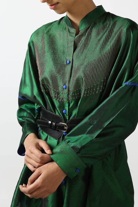 LATHA PUTTANNA_Green Silk Embroidery Mandarin Collar Yoke Phiran Top _at_Aza_Fashions