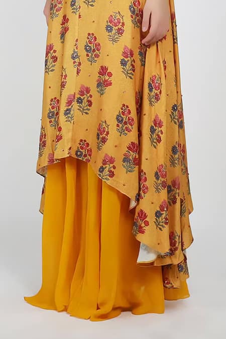 Shop_Nikasha_Yellow Georgette, Rayon Round Printed Kurta And Gharara Set _Online_at_Aza_Fashions