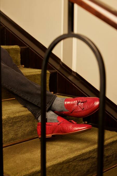 Shop 3dm Lifestyle Red Cherry Pointed Toe Textured Loafers at Aza Fashions Shop_3dm Lifestyle_Red Cherry Pointed Toe Textured Loafers_at_Aza_Fashions