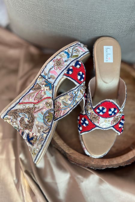 Fuchsia Multi Color Embroidery Floral Kiss Wedges 