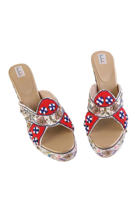 Shop Fuchsia by aashaka mehta Multi Color Embroidery Floral Kiss Wedges Online at Aza Fashions Shop_Fuchsia by aashaka mehta_Multi Color Embroidery Floral Kiss Wedges _Online_at_Aza_Fashions
