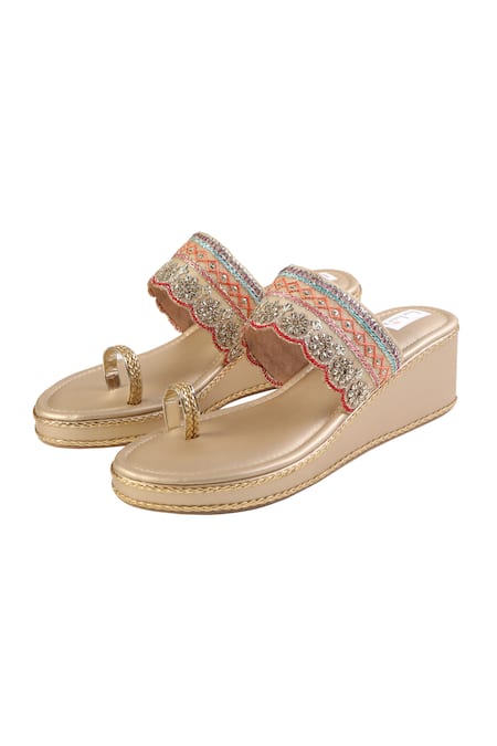 Shop Fuchsia by aashaka mehta Multi Color Embroidery Sorbet Kolhapuri Wedges at Aza Fashions Shop_Fuchsia by aashaka mehta_Multi Color Embroidery Sorbet Kolhapuri Wedges _at_Aza_Fashions