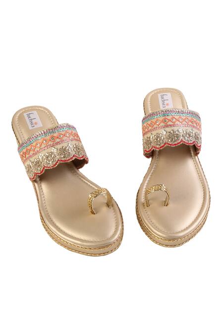 Shop Fuchsia by aashaka mehta Multi Color Embroidery Sorbet Kolhapuri Wedges Online at Aza Fashions Shop_Fuchsia by aashaka mehta_Multi Color Embroidery Sorbet Kolhapuri Wedges _Online_at_Aza_Fashions