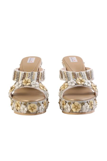 Shop Fuchsia by aashaka mehta White Embroidery, Beads Sunshine Wedges at Aza Fashions Shop_Fuchsia by aashaka mehta_White Embroidery, Beads Sunshine Wedges _at_Aza_Fashions