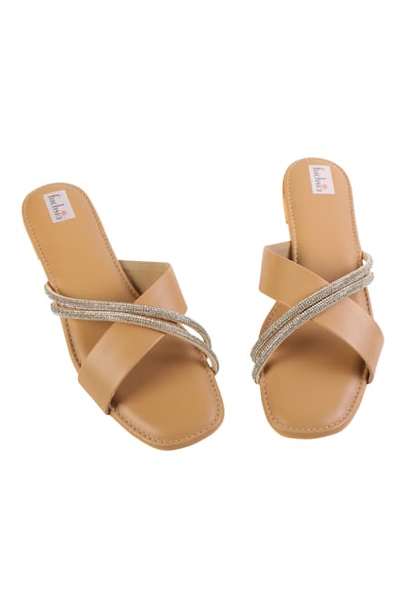 Shop Fuchsia by aashaka mehta Brown Crystals Latte Embroidered Sliders Online at Aza Fashions Shop_Fuchsia by aashaka mehta_Brown Crystals Latte Embroidered Sliders _Online_at_Aza_Fashions