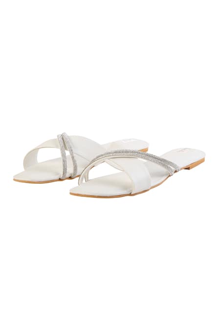 Shop Fuchsia by aashaka mehta White Summer Crystal Embroidered Sliders at Aza Fashions Shop_Fuchsia by aashaka mehta_White Summer Crystal Embroidered Sliders _at_Aza_Fashions