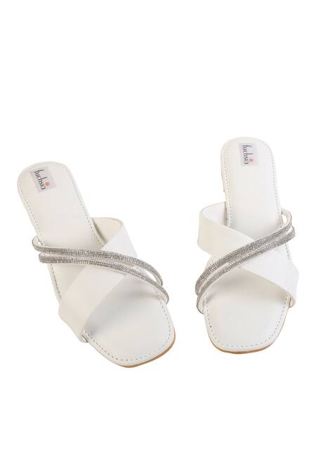 Shop Fuchsia by aashaka mehta White Summer Crystal Embroidered Sliders Online at Aza Fashions Shop_Fuchsia by aashaka mehta_White Summer Crystal Embroidered Sliders _Online_at_Aza_Fashions