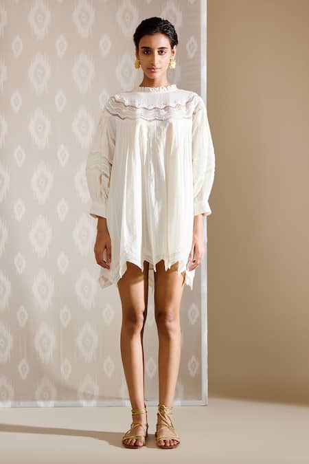 Bunka_White Voile Ruffle Lea Lace Cut Out Tunic_Online_at_Aza_Fashions