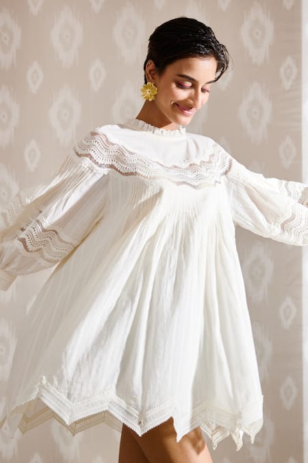 Buy_Bunka_White Voile Ruffle Lea Lace Cut Out Tunic_Online_at_Aza_Fashions