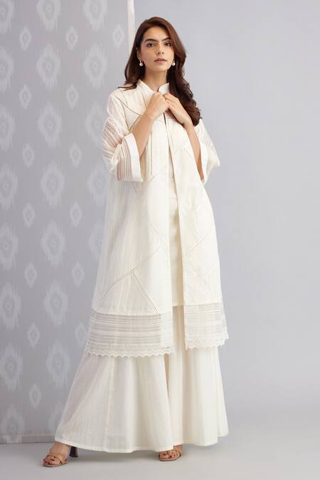 Bunka_White Voile Embellished Crochet Lace Band Collar Ezra Textured Jacket_Online_at_Aza_Fashions