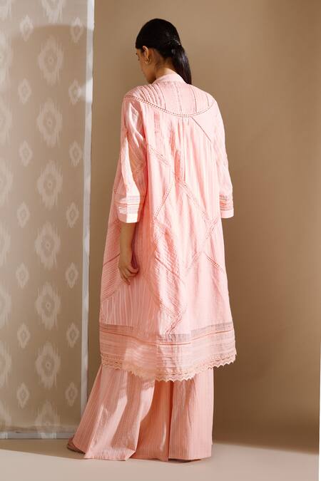 Shop Bunka Peach Voile Embellished Crochet Lace Band Collar Ezra Jacket at Aza Fashions Shop_Bunka_Peach Voile Embellished Crochet Lace Band Collar Ezra Jacket_at_Aza_Fashions