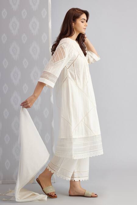 Bunka_White Voile Embellished Crochet Lace Keyhole Ezra Textured Pattern Tunic_Online_at_Aza_Fashions