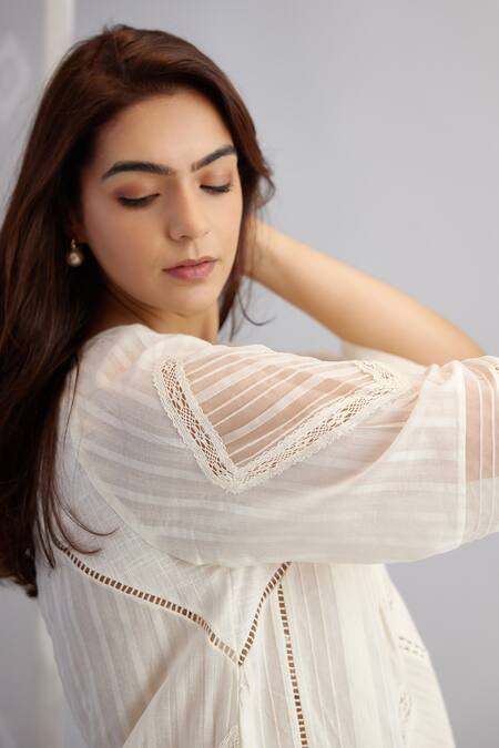 Shop_Bunka_White Voile Embellished Crochet Lace Keyhole Ezra Textured Pattern Tunic_Online_at_Aza_Fashions