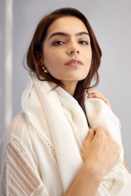 Bunka_White Voile Embellished Crochet Lace Keyhole Ezra Textured Pattern Tunic_at_Aza_Fashions