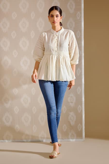 Shop Bunka White Cotton Embroidery, Beads Mandarin Collar Ira Textured Top at Aza Fashions Shop_Bunka_White Cotton Embroidery, Beads Mandarin Collar Ira Textured Top _at_Aza_Fashions