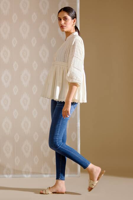 Bunka White Cotton Embroidery, Beads Mandarin Collar Ira Textured Top Online at Aza Fashions Bunka_White Cotton Embroidery, Beads Mandarin Collar Ira Textured Top _Online_at_Aza_Fashions