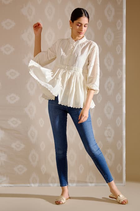 Buy Bunka White Cotton Embroidery, Beads Mandarin Collar Ira Textured Top Online at Aza Fashions Buy_Bunka_White Cotton Embroidery, Beads Mandarin Collar Ira Textured Top _Online_at_Aza_Fashions