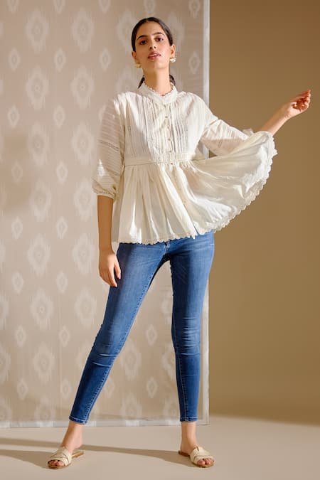 Shop Bunka White Cotton Embroidery, Beads Mandarin Collar Ira Textured Top Online at Aza Fashions Shop_Bunka_White Cotton Embroidery, Beads Mandarin Collar Ira Textured Top _Online_at_Aza_Fashions