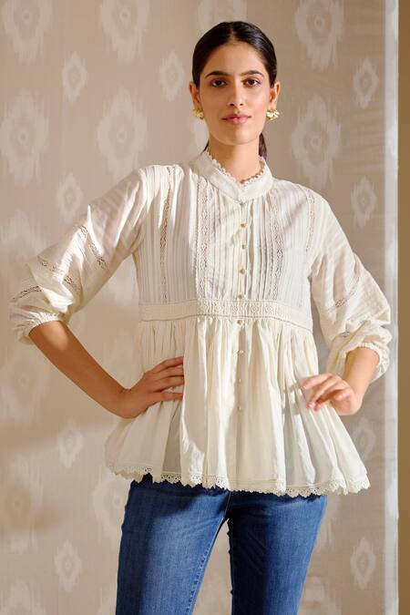 Bunka White Cotton Embroidery, Beads Mandarin Collar Ira Textured Top at Aza Fashions Bunka_White Cotton Embroidery, Beads Mandarin Collar Ira Textured Top _at_Aza_Fashions