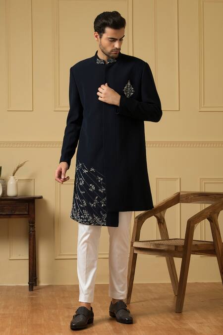 Hilo Design_Blue Cotton Cut Work Cielo Cutdana Embellished Jacket Sherwani With Trouser _Online_at_Aza_Fashions