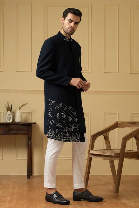 Buy_Hilo Design_Blue Cotton Cut Work Cielo Cutdana Embellished Jacket Sherwani With Trouser _Online_at_Aza_Fashions