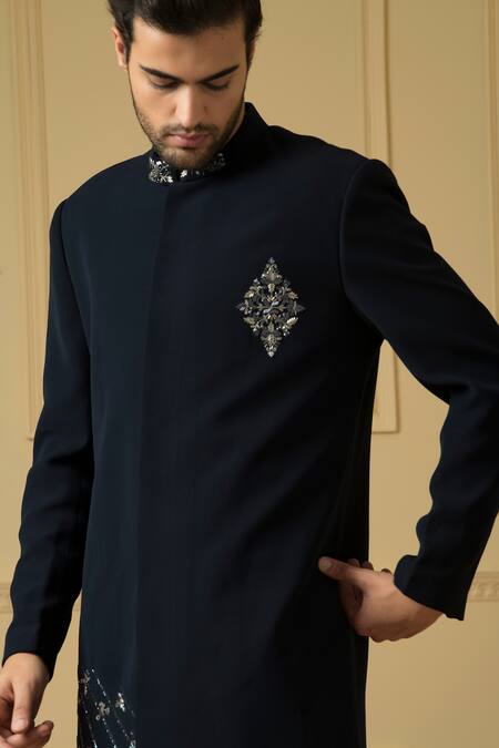 Shop_Hilo Design_Blue Cotton Cut Work Cielo Cutdana Embellished Jacket Sherwani With Trouser _Online_at_Aza_Fashions