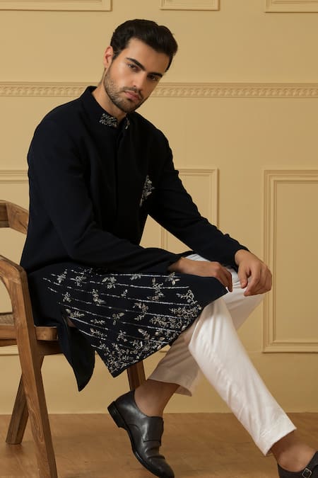 Hilo Design_Blue Cotton Cut Work Cielo Cutdana Embellished Jacket Sherwani With Trouser _at_Aza_Fashions