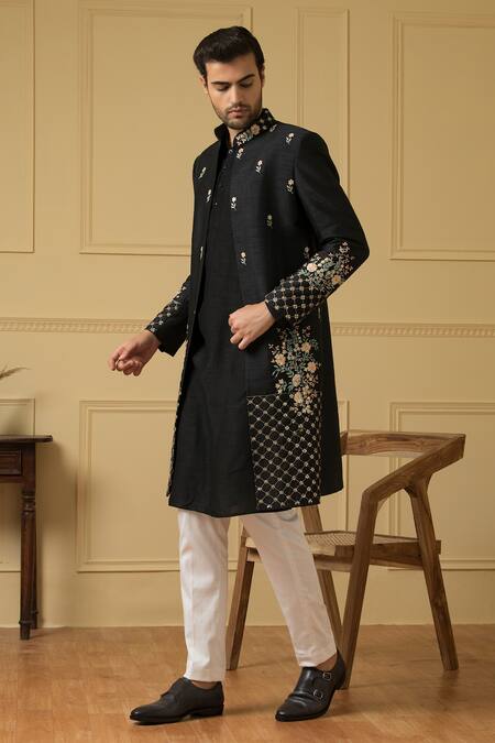 Hilo Design_Black Silk Cut Work, Sequins, Embroidery Estrella Floral Jacket Kurta Set _Online_at_Aza_Fashions