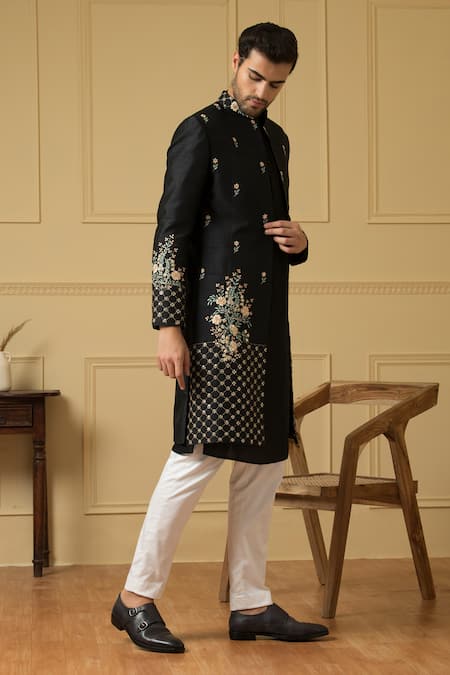 Buy_Hilo Design_Black Silk Cut Work, Sequins, Embroidery Estrella Floral Jacket Kurta Set _Online_at_Aza_Fashions