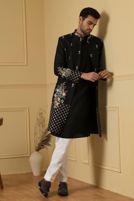 Shop_Hilo Design_Black Silk Cut Work, Sequins, Embroidery Estrella Floral Jacket Kurta Set _Online_at_Aza_Fashions