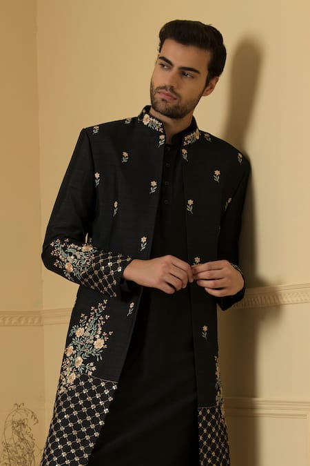 Hilo Design_Black Silk Cut Work, Sequins, Embroidery Estrella Floral Jacket Kurta Set _at_Aza_Fashions