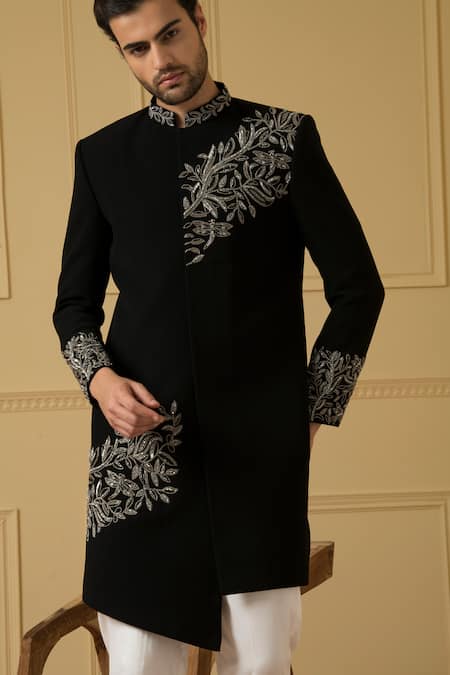 Buy_Hilo Design_Black Cotton Embroidery, Sequins Dulce Jacket Sherwani With Trouser _Online_at_Aza_Fashions