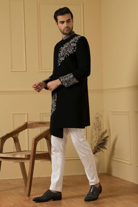 Shop_Hilo Design_Black Cotton Embroidery, Sequins Dulce Jacket Sherwani With Trouser _Online_at_Aza_Fashions