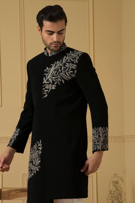 Hilo Design_Black Cotton Embroidery, Sequins Dulce Jacket Sherwani With Trouser _at_Aza_Fashions