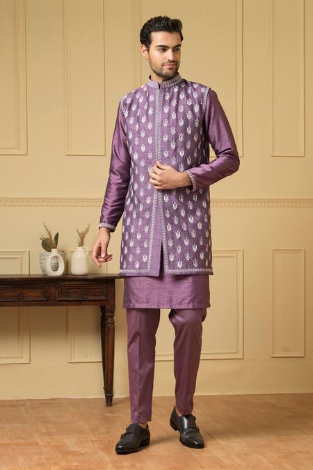 Hilo Design Purple Floral Embroidered Bundi Kurta Set 