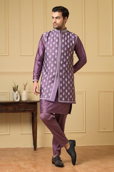 Hilo Design Purple Silk Embroidery Floral Bundi Kurta Set Online at Aza Fashions Hilo Design_Purple Silk Embroidery Floral Bundi Kurta Set _Online_at_Aza_Fashions