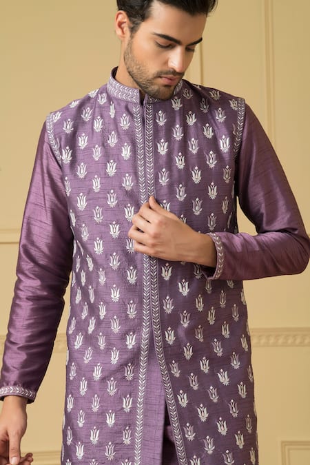 Buy Hilo Design Purple Silk Embroidery Floral Bundi Kurta Set Online at Aza Fashions Buy_Hilo Design_Purple Silk Embroidery Floral Bundi Kurta Set _Online_at_Aza_Fashions