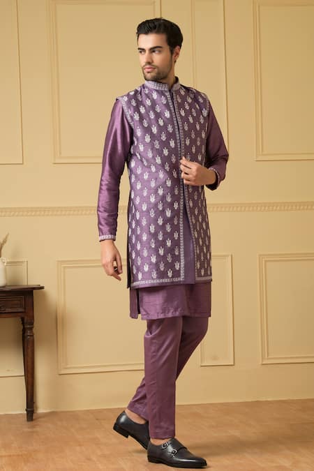 Shop Hilo Design Purple Silk Embroidery Floral Bundi Kurta Set Online at Aza Fashions Shop_Hilo Design_Purple Silk Embroidery Floral Bundi Kurta Set _Online_at_Aza_Fashions